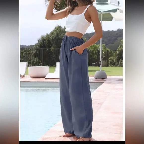 Linen & Cotton Wide-Leg Pants. Blue. NWT. Size Large - Picture 2 of 3